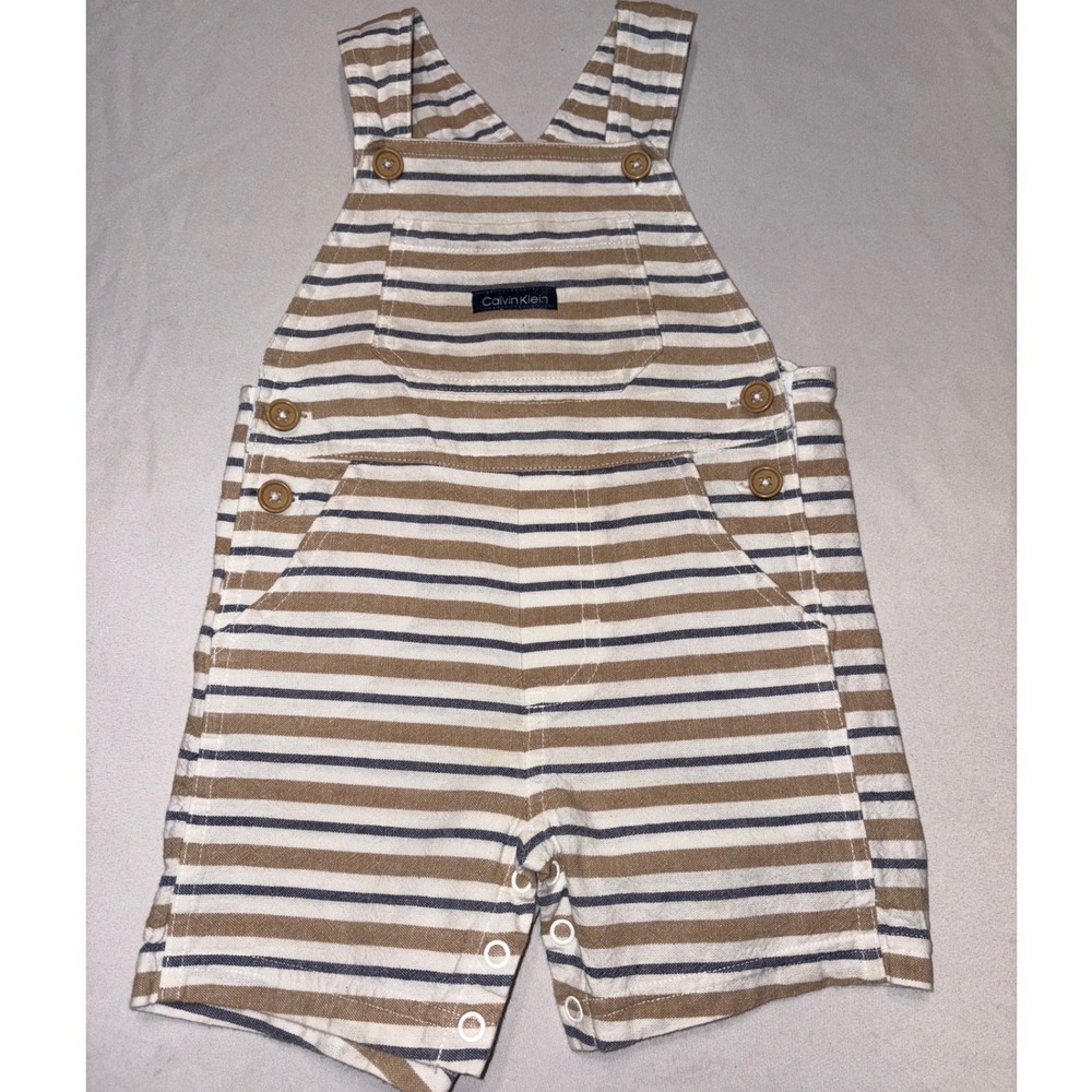 Calvin Klein Baby Boys Striped Linen Blend Shortall Overalls Tan Navy 12M